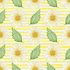 Watercolor seamless pattern of yellow stripes and daisies. Chamomile flowers.