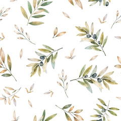 Watercolor olive seamless pattern. Hand drawn natural illustration. Green leaves on white background