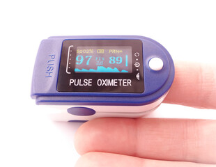 Pulse oximeter, medical device for measuring blood oxygen saturation level. Isolated on white background © Olena Kuzina