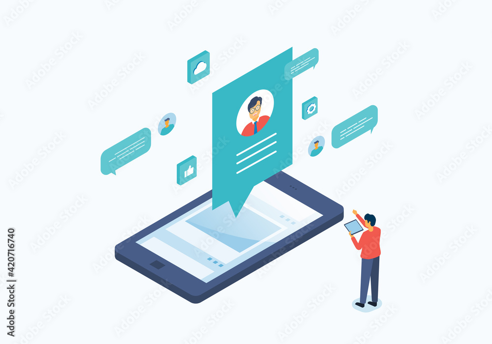 Poster flat vector design online communication concept with people use social media for business connection