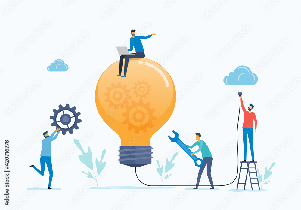 Poster Flat vector business team creative idea and brainstorm for new project start up concept