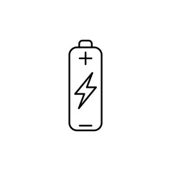 Battery line icon in black. Charge mobile concept. Simple minimal accumulator illustration or symbol on isolated white. Flat for app, graphic design, infographic, web site, ui, ux. Vector EPS 10