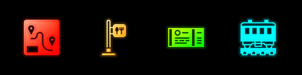 Set Route location, Cafe and restaurant, Train ticket and Passenger train cars icon. Vector
