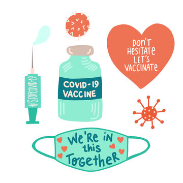 Coronavirus Icon Set Vector. Stop Corona, Get Vaccinated, Covid 19 Vaccine Time, Syringe, Face Mask. Cute Hand Drawn Vector Illustration Cartoon Sticker Style. Motivational, Inspirational Quotes.