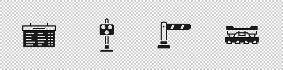 Set Train station board, traffic light, Railway barrier and Cargo train wagon icon. Vector