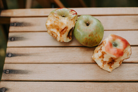 Apple leftovers on a wooden chair