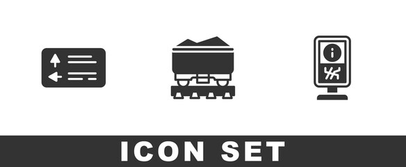 Set Road traffic signpost, Coal train wagon and Information stand icon. Vector