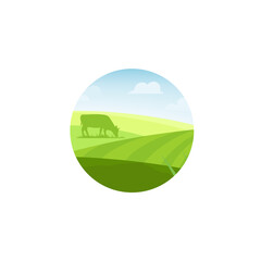 Obraz na płótnie Canvas Farm House concept logo. Template with farm animals and rural landscape.