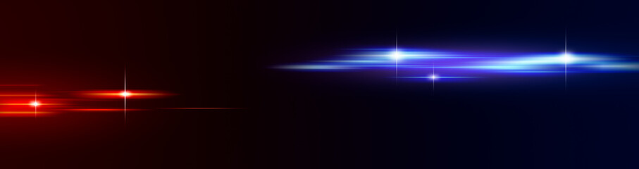 Red and blue light rays on black background.