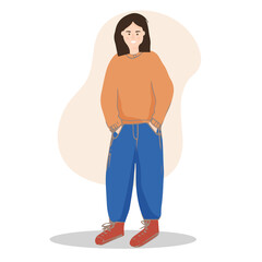 Portrait of a stylish young woman in casual clothing. Street fashion. Modern girl on a walk, going about her business. vector flat illustration