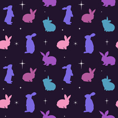 Cute childish seamless pattern  with rabbits and stars in cartoon style.