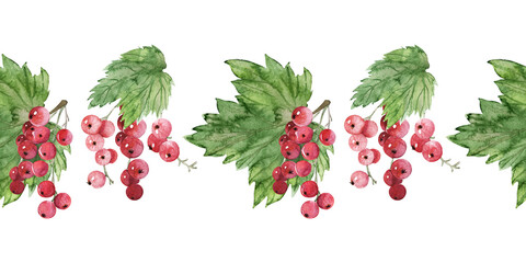 Watercolor seamless border with various berries, red currants, blackberries, blueberries and cherries
