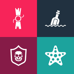 Set pop art Starfish, Shield with pirate skull, Bottle message in water and Decree, parchment, scroll icon. Vector