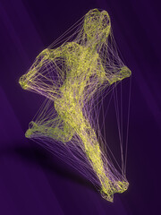Abstract running wire man in modern style on the violet background of a geometrical pattern. 3d rendering illustration