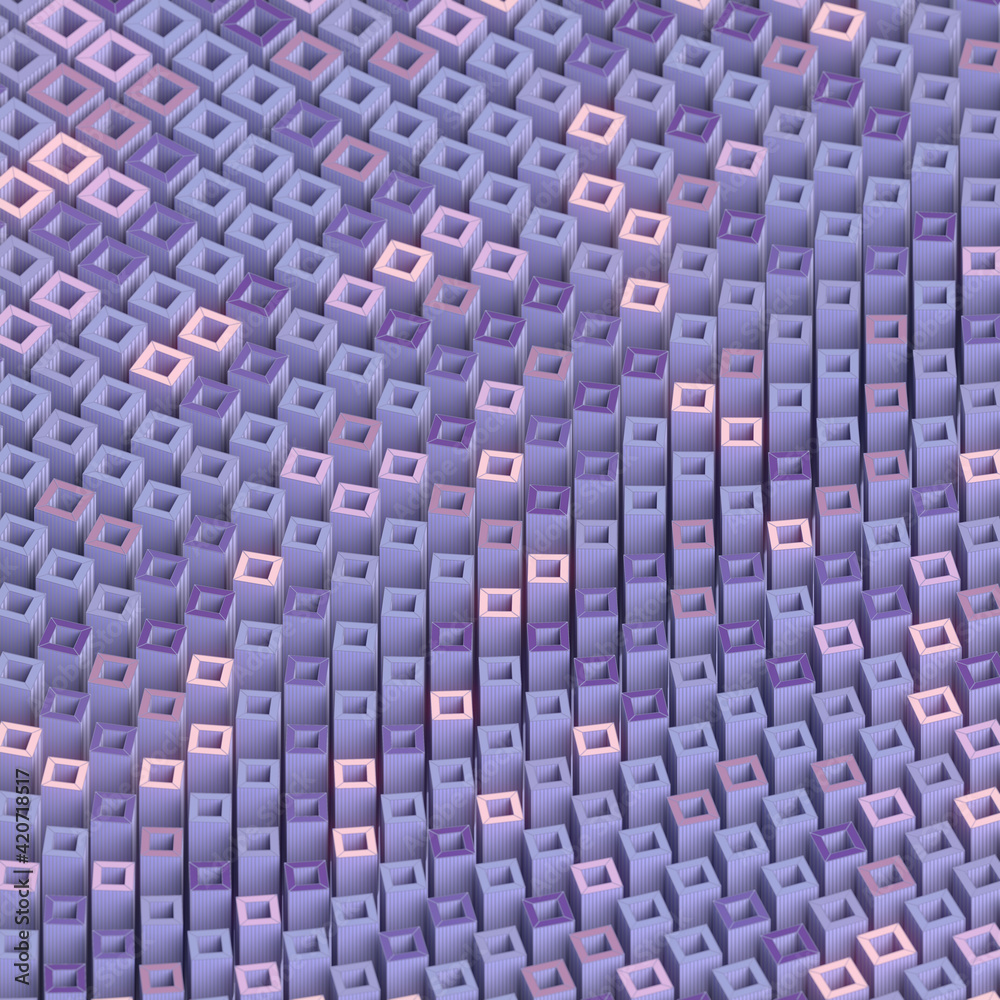 Poster Geometric pattern of rotated boxes with striped texture on the sides. Isometric view. 3d rendering digital illustration