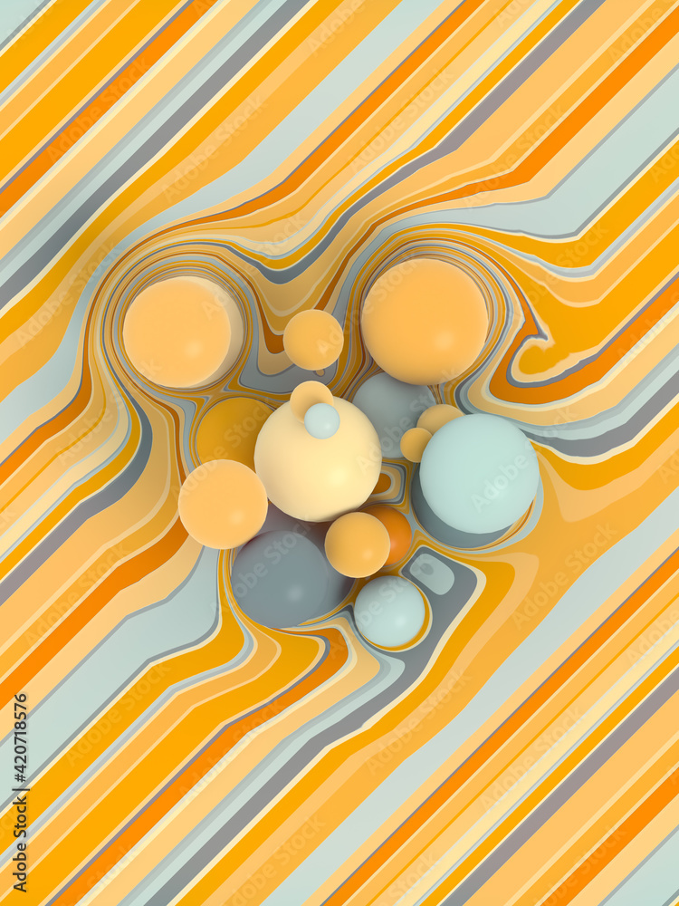 Poster Group of colored balls pattern on light striped background. Abstract geometric backdrop. 3d render digital illustration