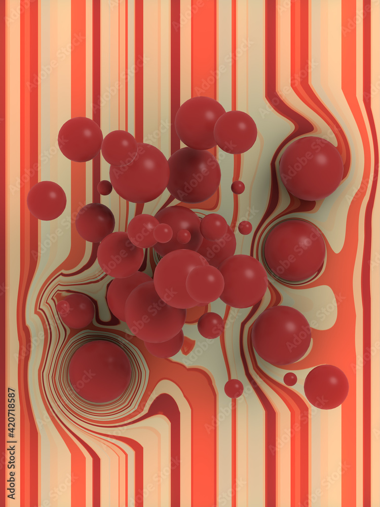 Poster Abstract composition from a group of balls on a multi-colored striped distorted surface. 3d rendering illustration