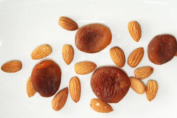 Nuts and dried fruits, almond and apricots natural
