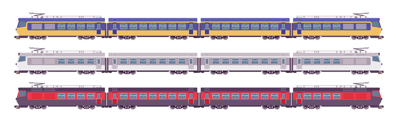 Passenger electric trains set, rail transport lines journey. Bright locomotive, green, yellow, red color, travel and transportation. Vector flat style cartoon illustration isolated on white background