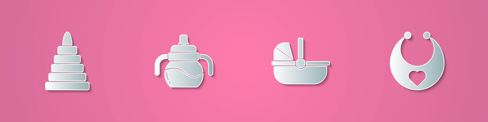 Set paper cut Pyramid toy, Baby bottle, stroller and bib icon. Paper art style. Vector