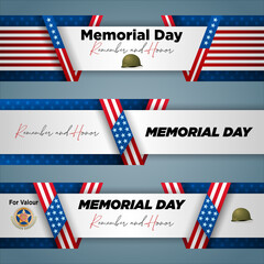Set of web banners design, background with texts, military badge and national flag colors for U.S. Memorial day event, celebration; Vector illustration