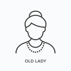 Old lady flat line icon. Vector outline illustration of senior woman. Black thin linear pictogram for grandma