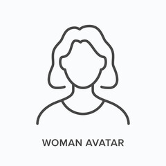Woman avatar flat line icon. Vector outline illustration of adult woman. Black thin linear pictogram for lady