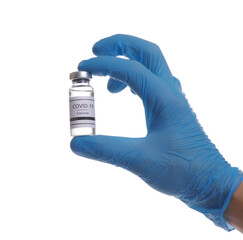 Coronavirus vaccine COVID-19 in glass bottle in  doctor hand