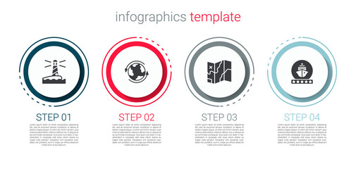 Set Lighthouse, Worldwide, Folded map and Cruise ship. Business infographic template. Vector