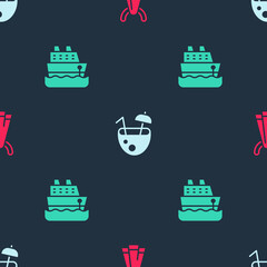Set Towel on a hanger, Coconut cocktail and Cruise ship on seamless pattern. Vector