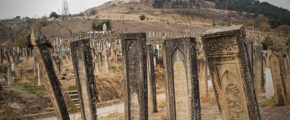 Derbent Russia October 2020: Old tombs on Moslem graveyard in Derbent Dagestan Russia