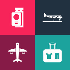 Set pop art Suitcase, Plane, and Passport with ticket icon. Vector