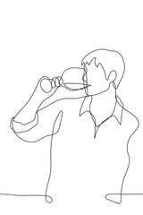 man in a shirt drinks a wine drink from a glass - one line drawing. a taster or wine lover sips wine from a glass in an informal setting