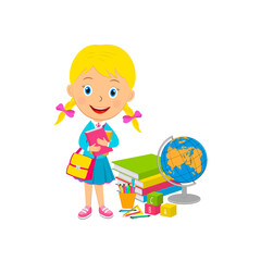 cute cartoon girl stand with books and bag