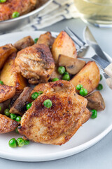 Chicken stew with potatoes, mushrooms and green peas, on a white plate and in metal pot, vertical, closeup