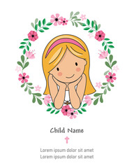 My first communion girl card. Girl inside flower frameIsolated vector