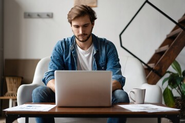 Entrepreneur working with a laptop and holding a document in a little office or home