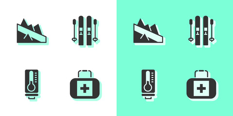 Set First aid kit, Mountain descent, Meteorology thermometer and Ski and sticks icon. Vector