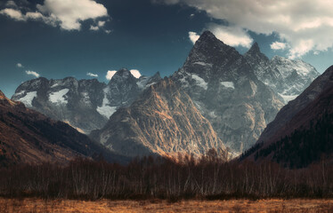 Mountain panorama in sunset light.