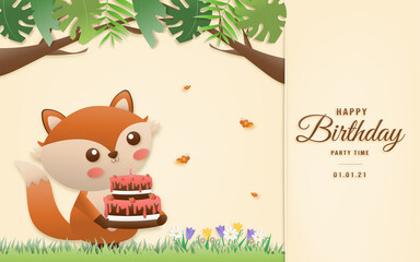 Cartoon happy birthday animals card. Greeting cards with cute safari or jungle animals fox holding cake party in the tropical forest. Template invitation paper art style vector illustration.