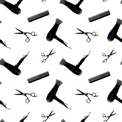 Seamless pattern barber theme. Hair dryer, combs and scissors. Hair salon, hair care.