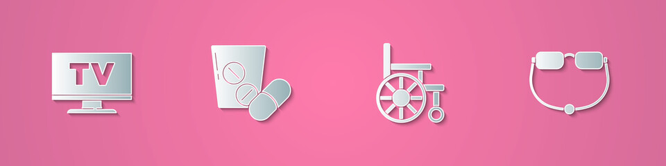 Set paper cut Smart Tv, Medicine pill or tablet, Wheelchair and Eyeglasses icon. Paper art style. Vector