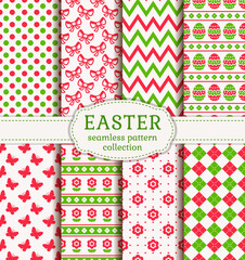 Obraz premium Happy Easter! Set of cute holiday backgrounds. Collection of seamless patterns in white, pink and green colors. Vector illustration.