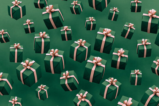 Green and pink christmas gifts on green background