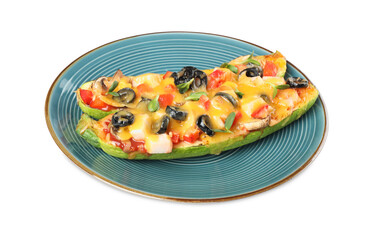Plate of baked stuffed zucchinis on white background