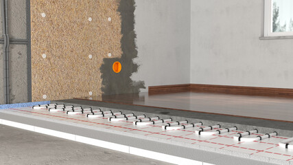 technische Darstellung eines Trockenbau mit Innendämmung, Fußbodendämmung und Fußbodenheizung...