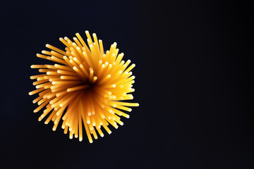 Raw dry spaghetti italian pasta yellow long line it looks like fireworks or flowers bloom on black background with copy space. Concept italian food background.