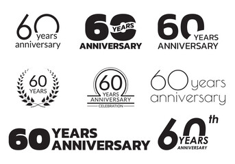 60 years anniversary icon or logo set. 60th birthday celebration badge or label for invitation card, jubilee design. Vector illustration.