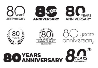 80 years anniversary icon or logo set. 80th birthday celebration badge or label for invitation card, jubilee design. Vector illustration.
