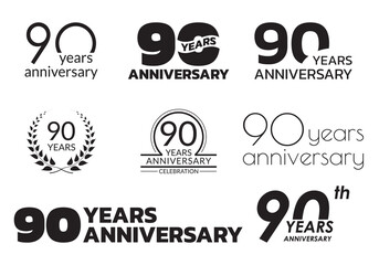 Obraz premium 90 years anniversary icon or logo set. 90th birthday celebration badge or label for invitation card, jubilee design. Vector illustration.